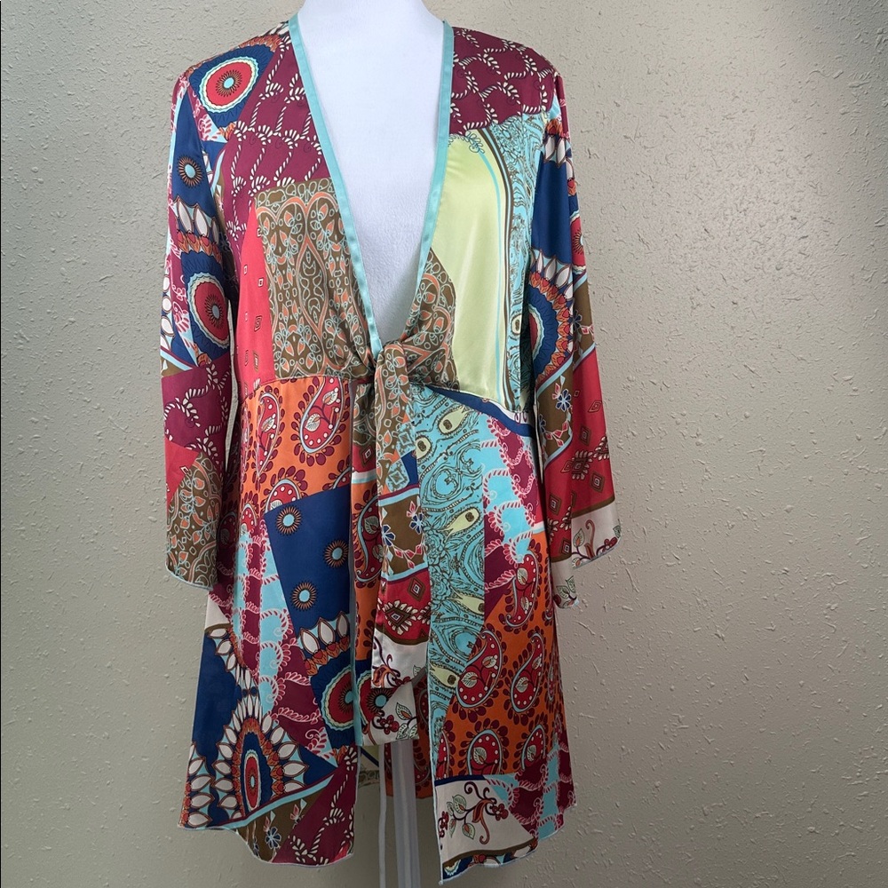 CAbi Multicolor Patchwork Tie-Front Blouse